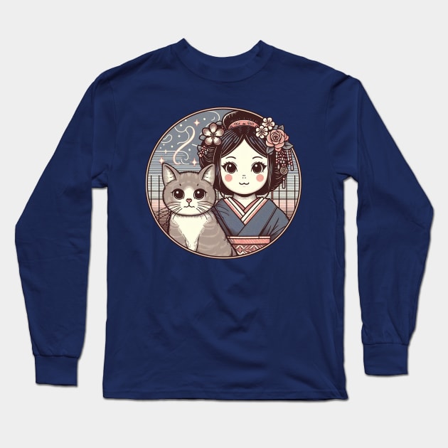 Japanese cat with Retro Anime Long Sleeve T-Shirt by Japanese Fever